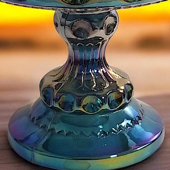 Iridescent Blue Carnival Glass Compote Dish by Indiana Kings Crown Thumbprint - Picture 7 of 11